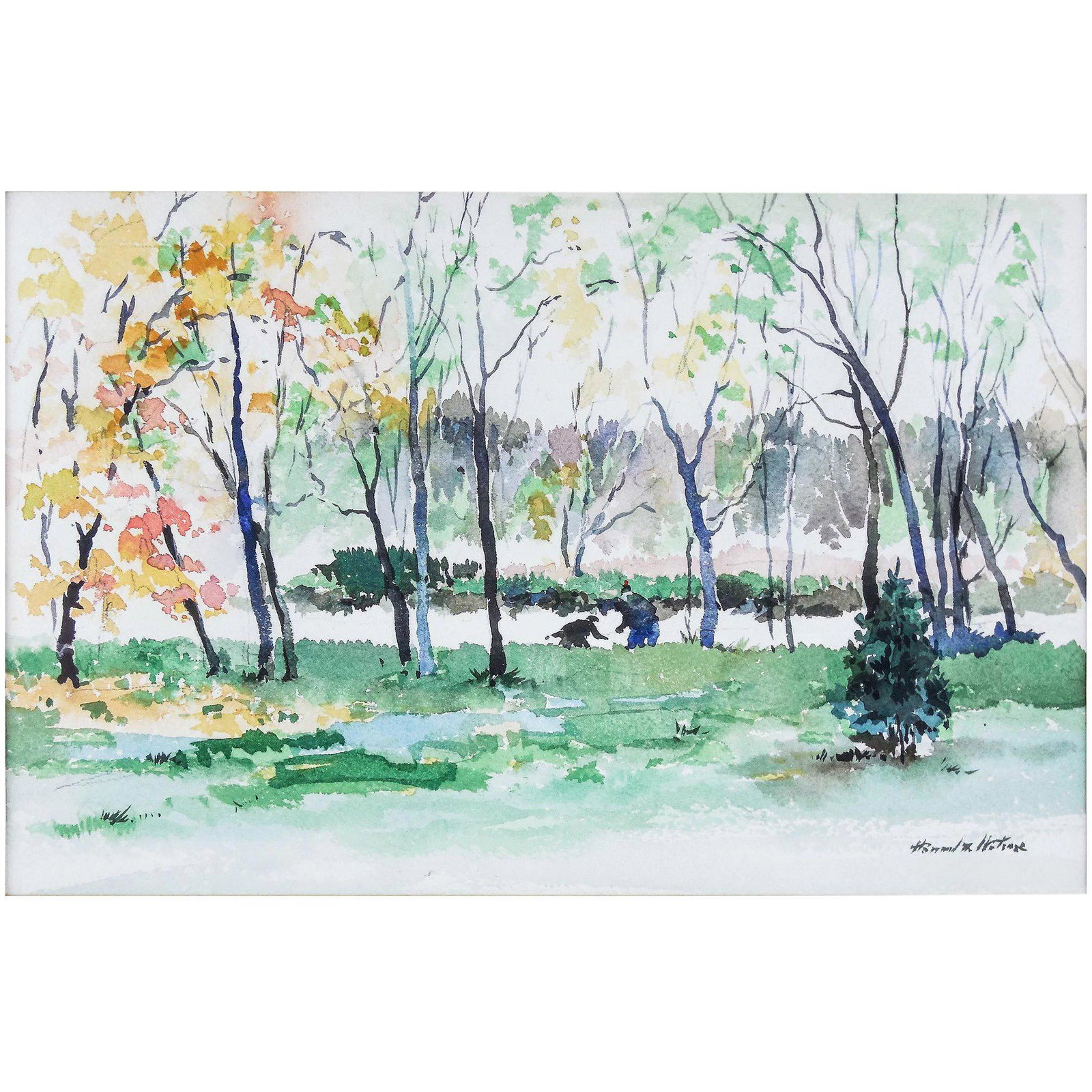 Howard Noel Watson (American 20th Century) Landscape: Howard Noel Watson Landscape Painting, Watercolor, Signed - Howard N. Watson, h: 6.875" x w: 10.50" (sight), Framed and Mated, (h: 14.50" x w: 18", Verso: Gilbert Stuart Studio Label, EXCELLENT CONDIT