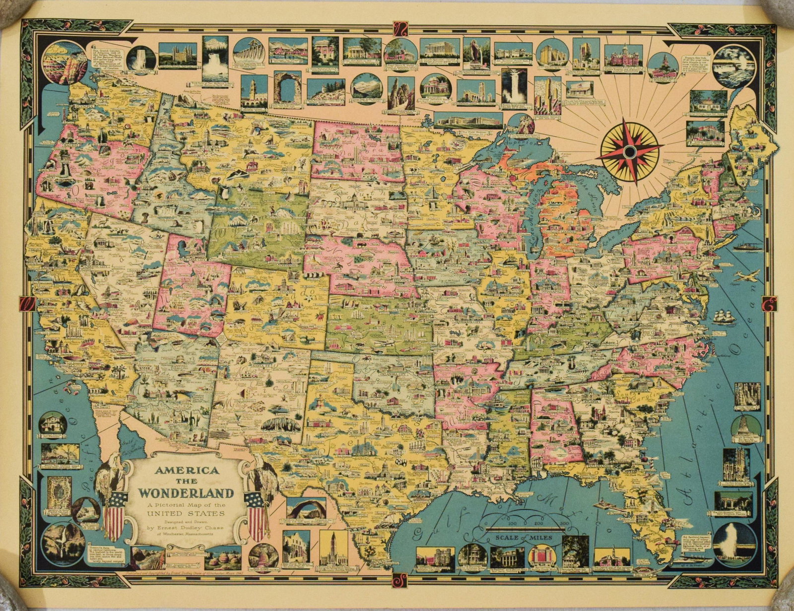 1941 Dudley US Pictorial Map -- America the Wonderland.: Title: 1941 Dudley US Pictorial Map -- America the Wonderland. A Pictorial Map of the United States. Designed and Drawn by Ernest Dudley Chase of Winchester, Massachusetts Cartographer: E D Chase Year