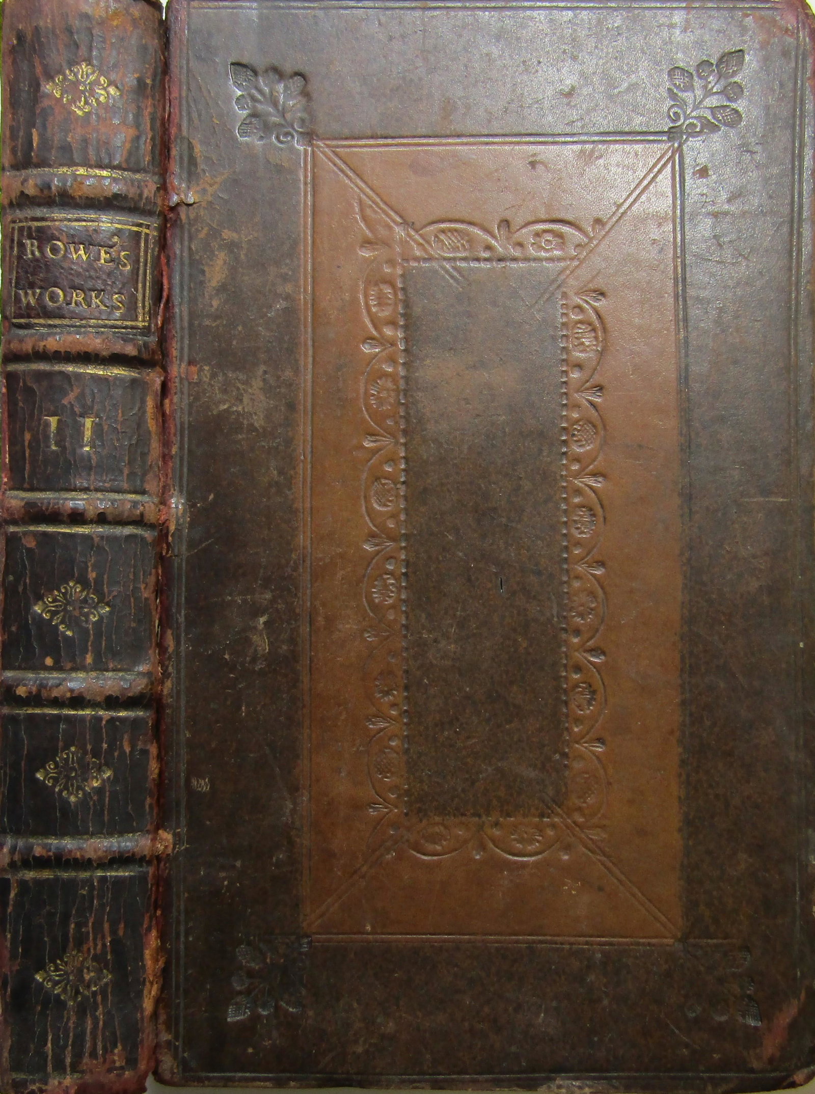 The Dramatick Works of Nicholas Rowe: Volume II. "Containing 'The Royal Convert', 'Jane Shore', 'Jane Gray', 'The Biter'." Full-leather with blind-stamped vignettes. Gilt title, raised bands, gilt panel vignettes. Frontispiece + full-page