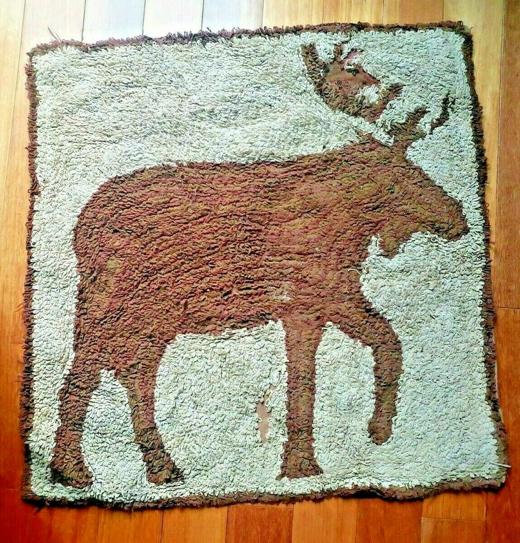 Antique hooked rug Rare moose 26 x 26" 1950 (1 of 10)