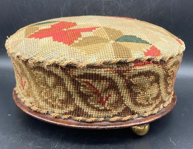 Antique NEEDLEPOINT ROUND FOOTSTOOL Brass FEET #2 (1 of 6)