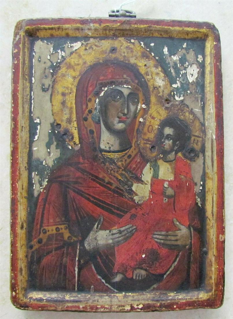 GREEK ANTIQUE ICON of HODEGITRIA MOTHER OF GOD 18th: Hand painted on wood panel. Kovcheg (raised borders) Size 7.5 by 5.5" Authenticity guaranteed. (422) PA residents please add sales tax. Reserve: $280.00 Shipping: Domestic: Flat-rate of $25.00 to