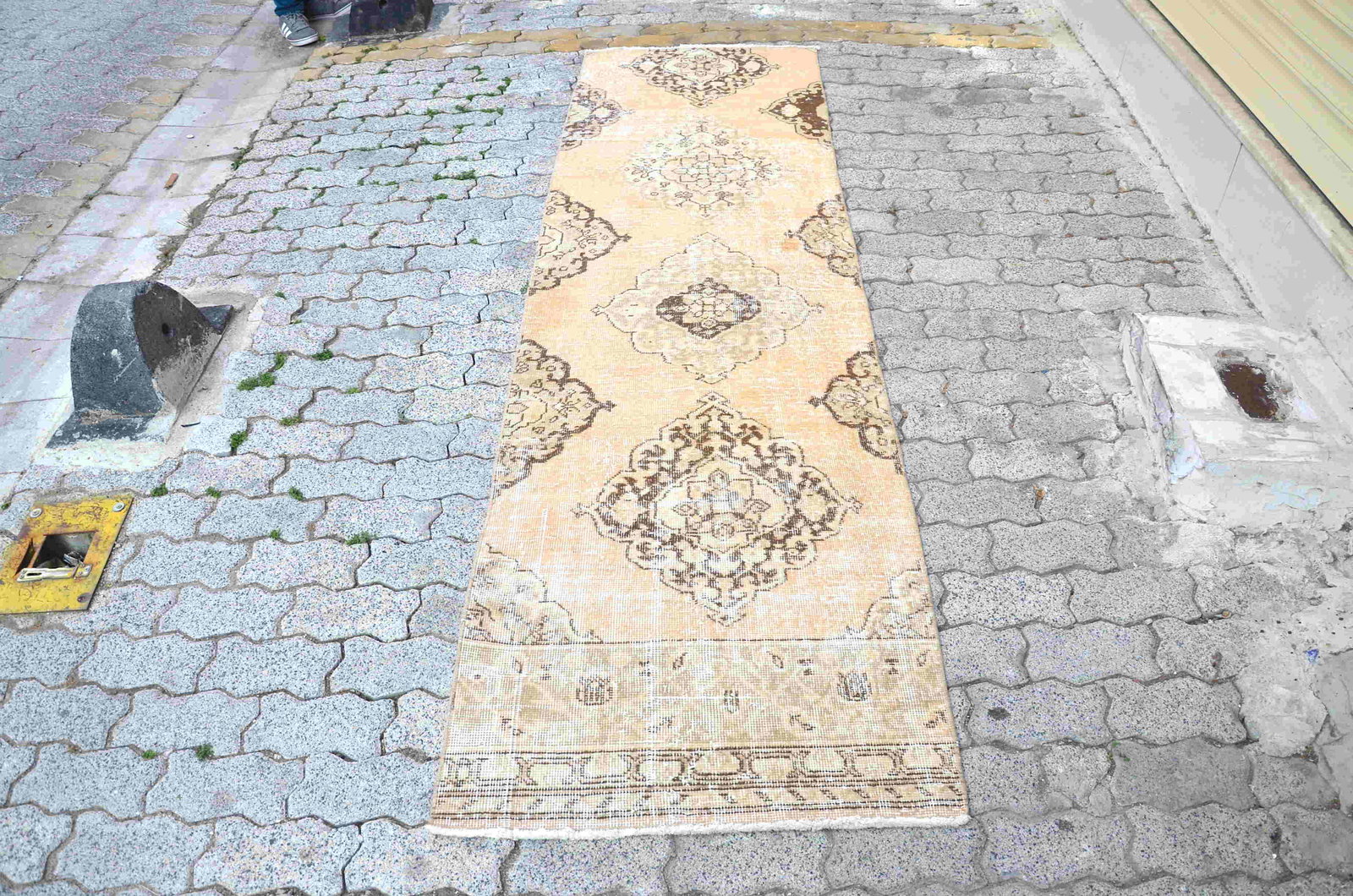 Turkish Wool Antique Runner: Title: Turkish Wool Antique Runner Origin : Turkey Date/Period : 1960 Material: %50 wool % 50 cotton Dimension: 2.6x9.4 feet 288x80 cm Additional Information: I collect all my rugs in different cities