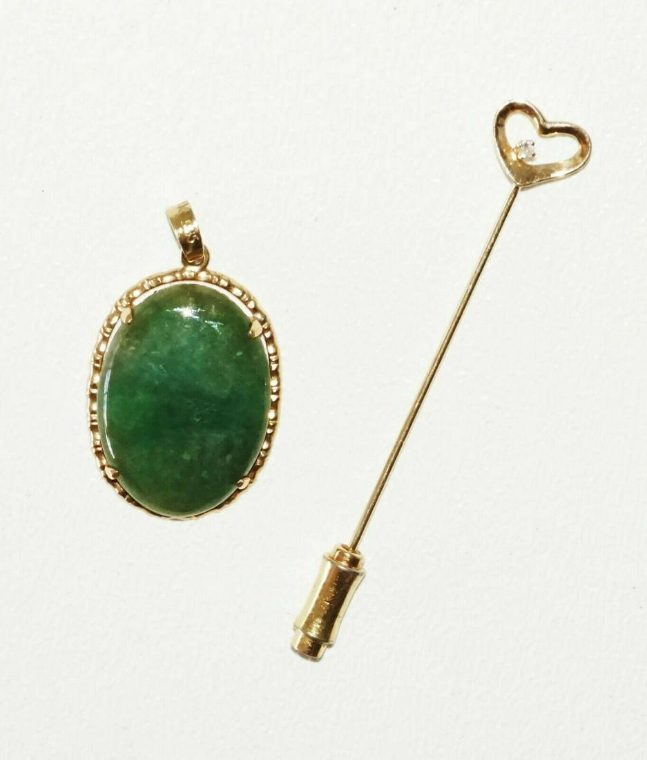2Pc 14k Gold Pendant Tie Pin Jade Diamond (SaR)#192 (1 of 12)