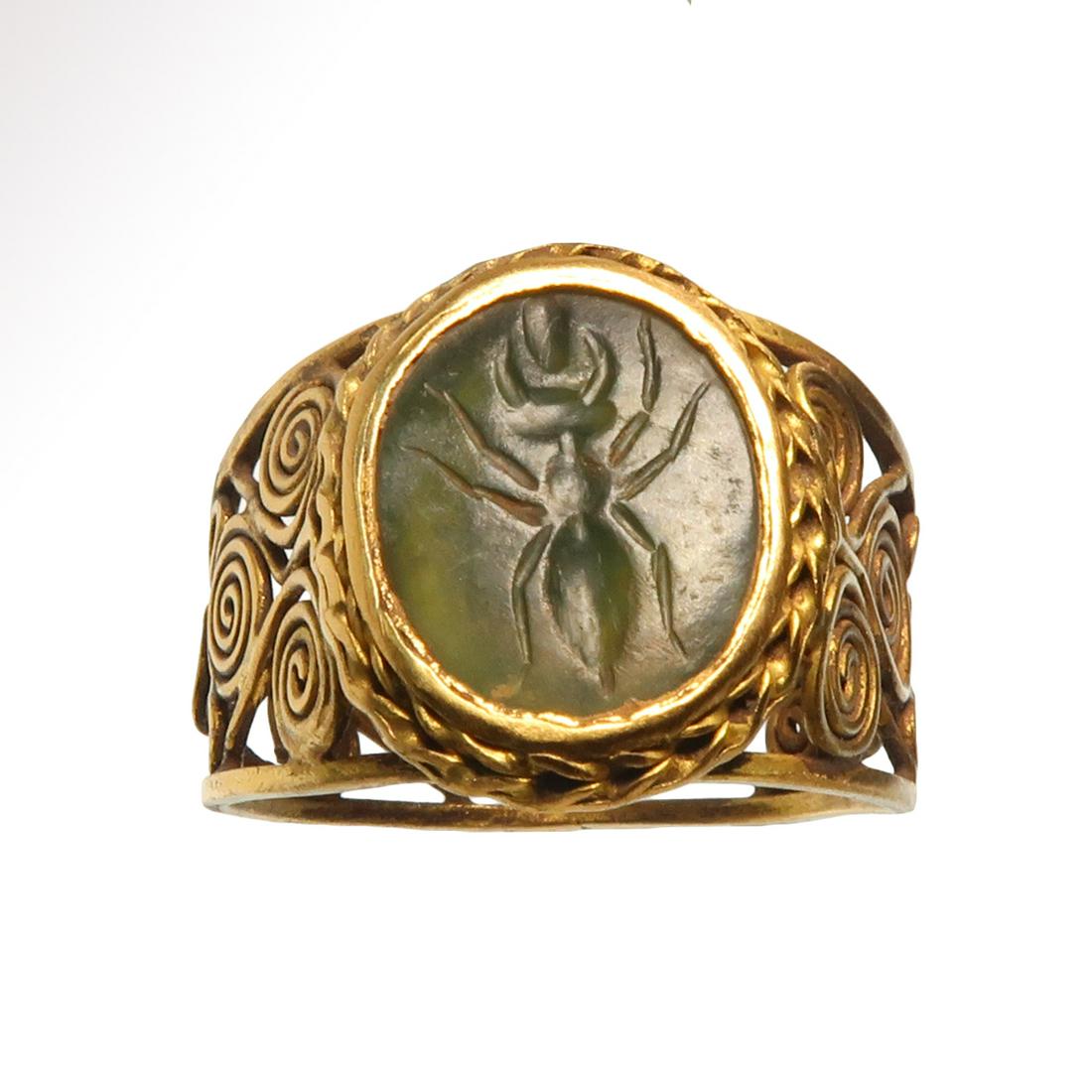 Roman Gold Open work Ring, Serpentine Stone Intaglio (1 of 6)