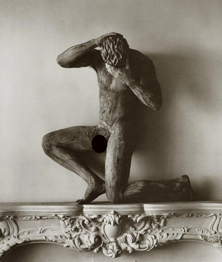 HERB RITTS - Clay Nude on Mantle, Hollywood, 1989: Title: Clay Nude on Mantle, Hollywood, 1989 Medium: Photo Litho, 1989, Hong Kong Dimensions: 6.4x7.55" Description: Heat Wax Mounted on 8.5x11" Conservation Board Artist Bio: Herb Ritts (1952-2002) wa