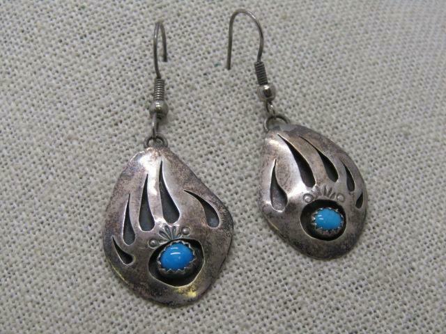 Vintage Sterling Turquoise Bear Claw Earrings, (1 of 3)