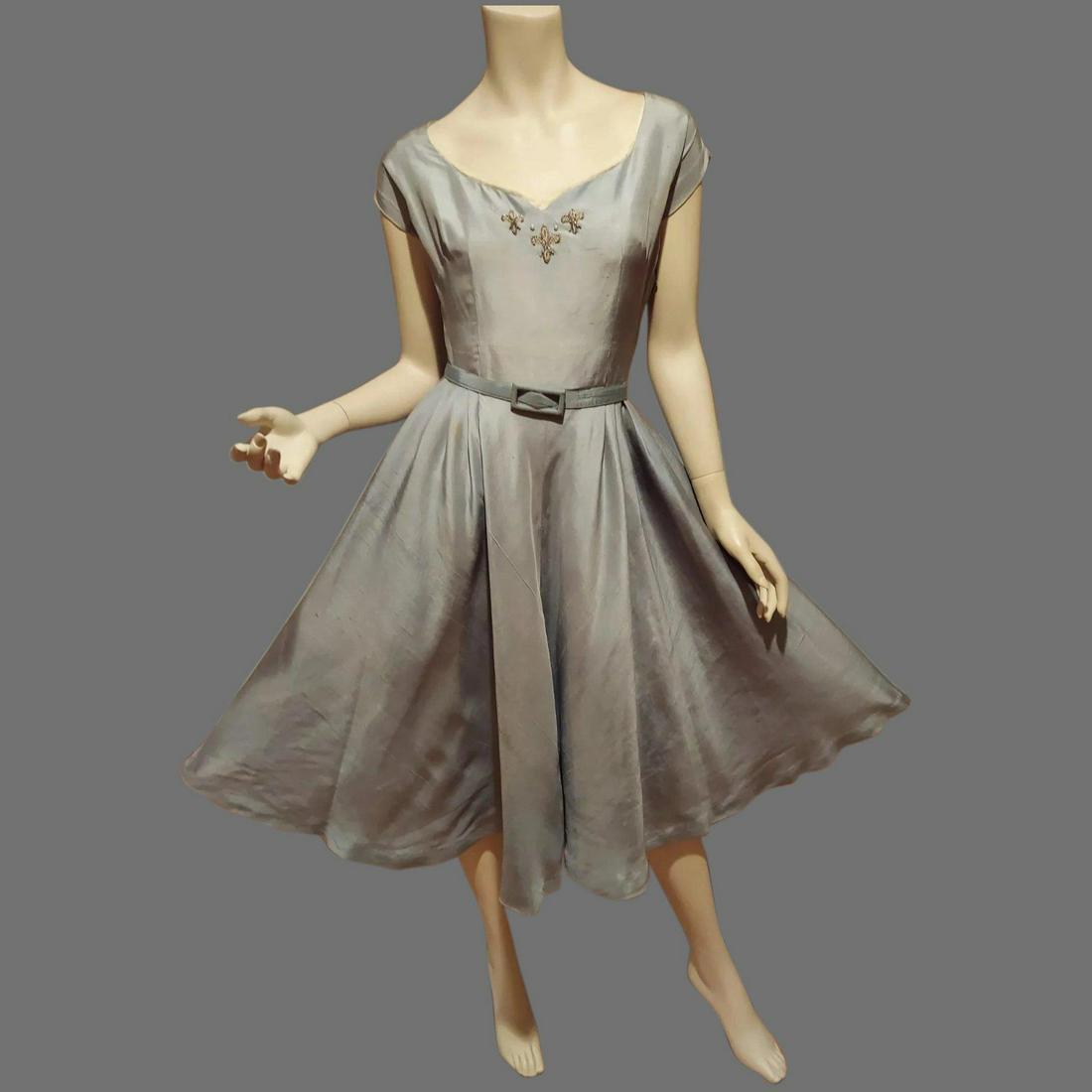 Vtg Blue Pure Silk Full sweep dress with belt: This is a real beauty circa 1950's it is an antique blue light gray silvery pure silk fine shantung beaded at top bodice with beads rhinestones pearls. Has its own buckled belt made of the same fabric