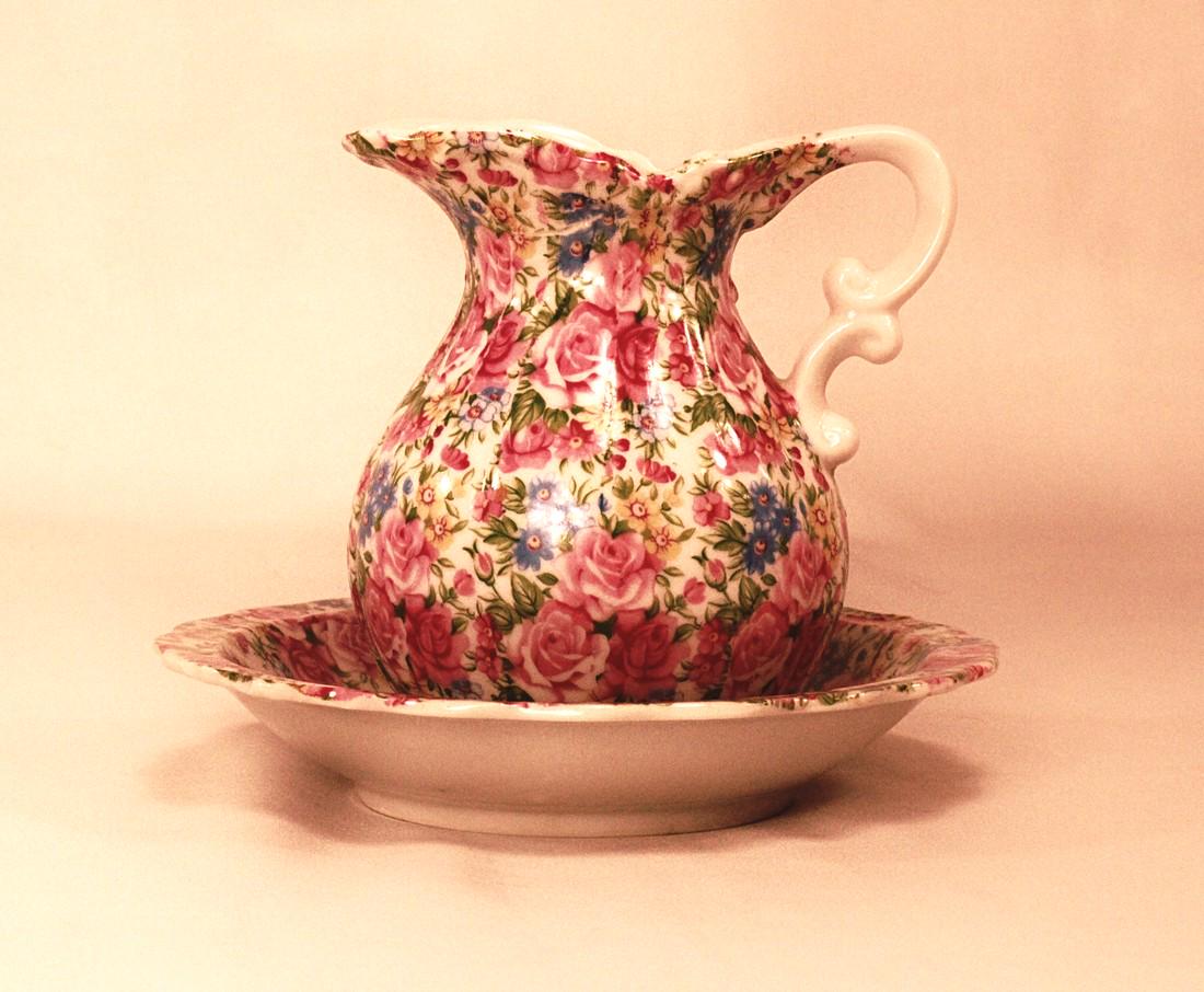Pitcher & Dish by Andrea by Sadek: Title: Pitcher & Dish by Andrea by Sadek Date/Period: Mid 20th Century Materials Used: Porcelain Size: Pitcher - 5.5"T x 5.5"W x 5"D with a 2.5"W Opening Dish - 7.25"W x 1.5"W x 1"D Description:Andrea