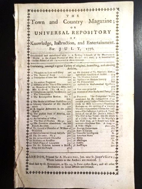 1776 Magazine Revolutionary War: Title: 1776 Magazine Revolutionary War Description: The July 1776 issue of "The Town and Country Magazine", printed at London for A, Hamilton. 56 pages and one plate present (one lacking). Some Revolu