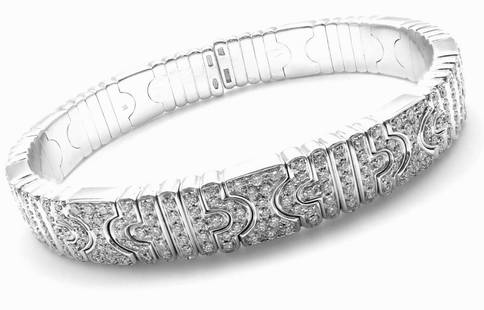 Bvlgari Buglari Parentesi 18k White Gold Pave Diamond: Bvlgari Buglari Parentesi 18k White Gold Pave Diamond Bangle Bracelet Bvlgari Buglari Parentesi 18k White Gold Pave Diamond Bangle Bracelet Product Description About This Piece: About Bvlgari: The