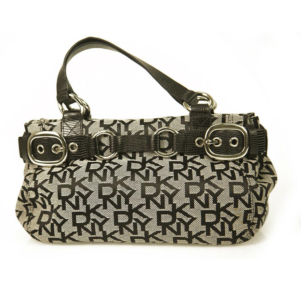 Donna Karan DKNY Signature Black Gray Canvas Top: Donna Karan DKNY Signature Black Gray Canvas Top Leather Handles Clutch Handbag Extra impressive and luxurious this DKNY bag is such a beautiful piece! This bag features signature DKNY canvas in black