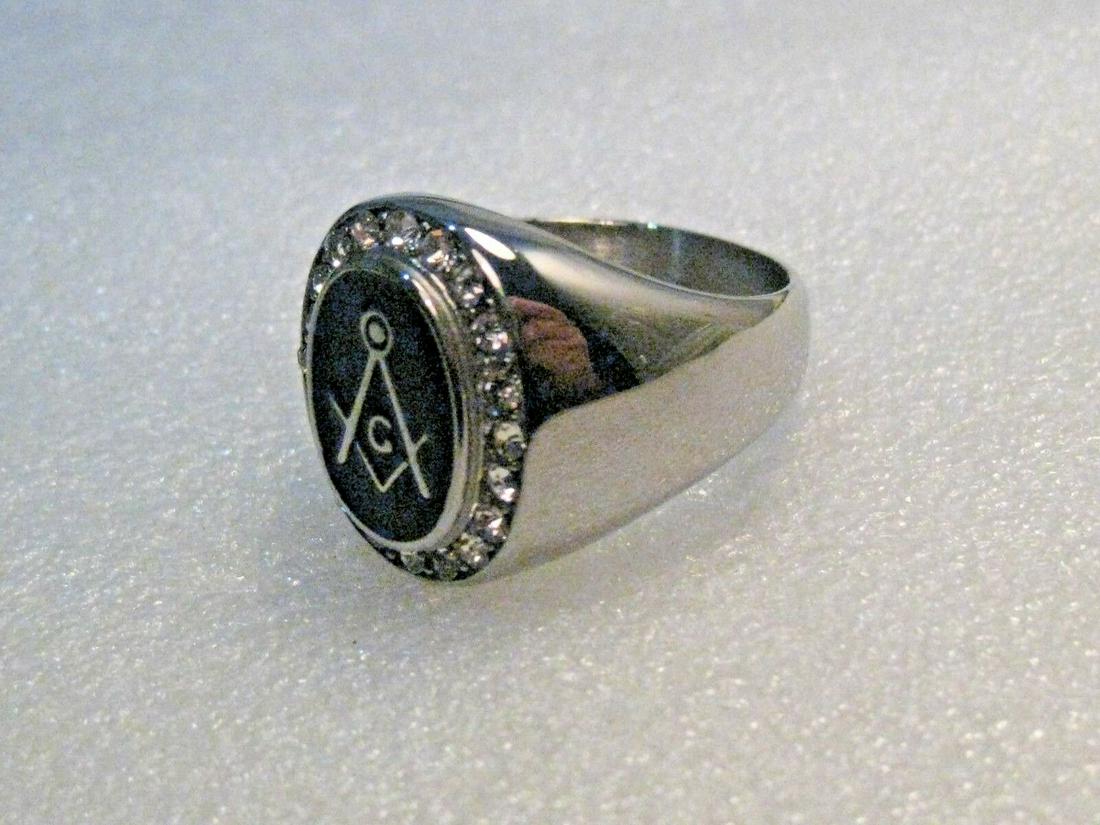 Silver Tone Masonic Ring, Rhinestones and Enameled, (1 of 11)