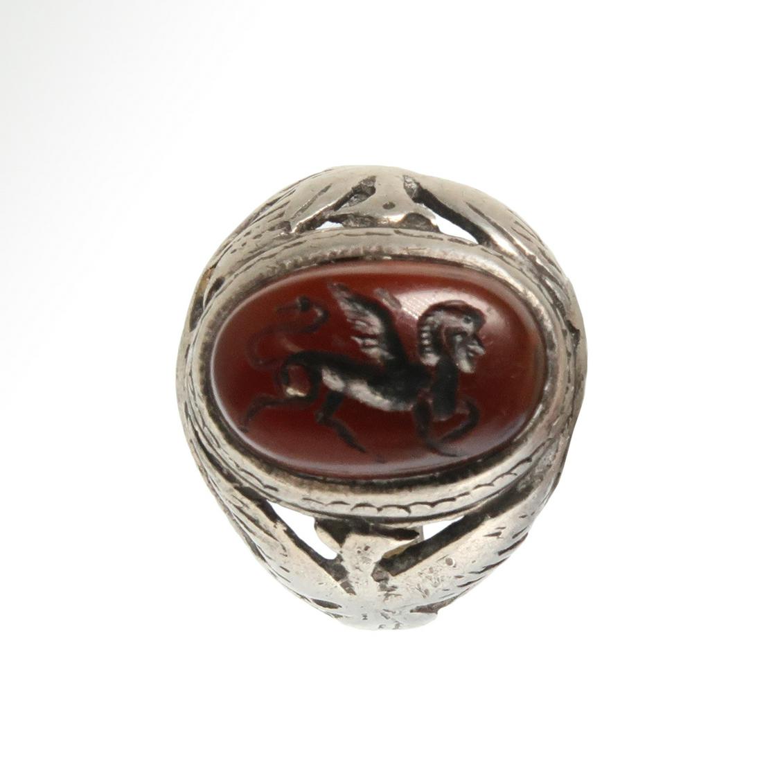 Sassanian Silver and Red Agate Ring, Winged Centaur (1 of 6)