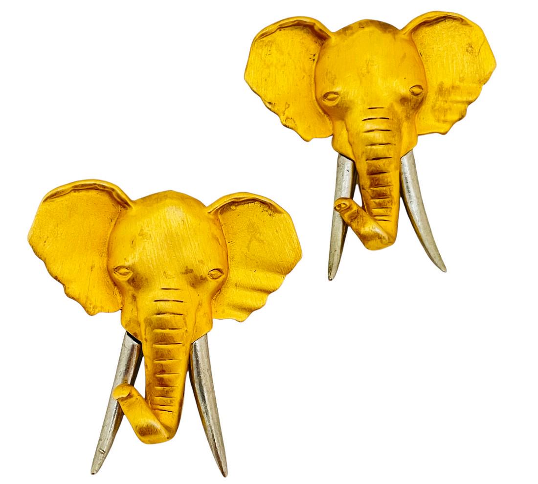 Vintage JJ gold silver elephant modernist designer: DETAILS • signed JJ • gold and silver tone • vintage designer runway earrings MEASUREMENTS • 1 5/8" by 1 5/8" CONDITION • excellent vintage condition with minimal signs o