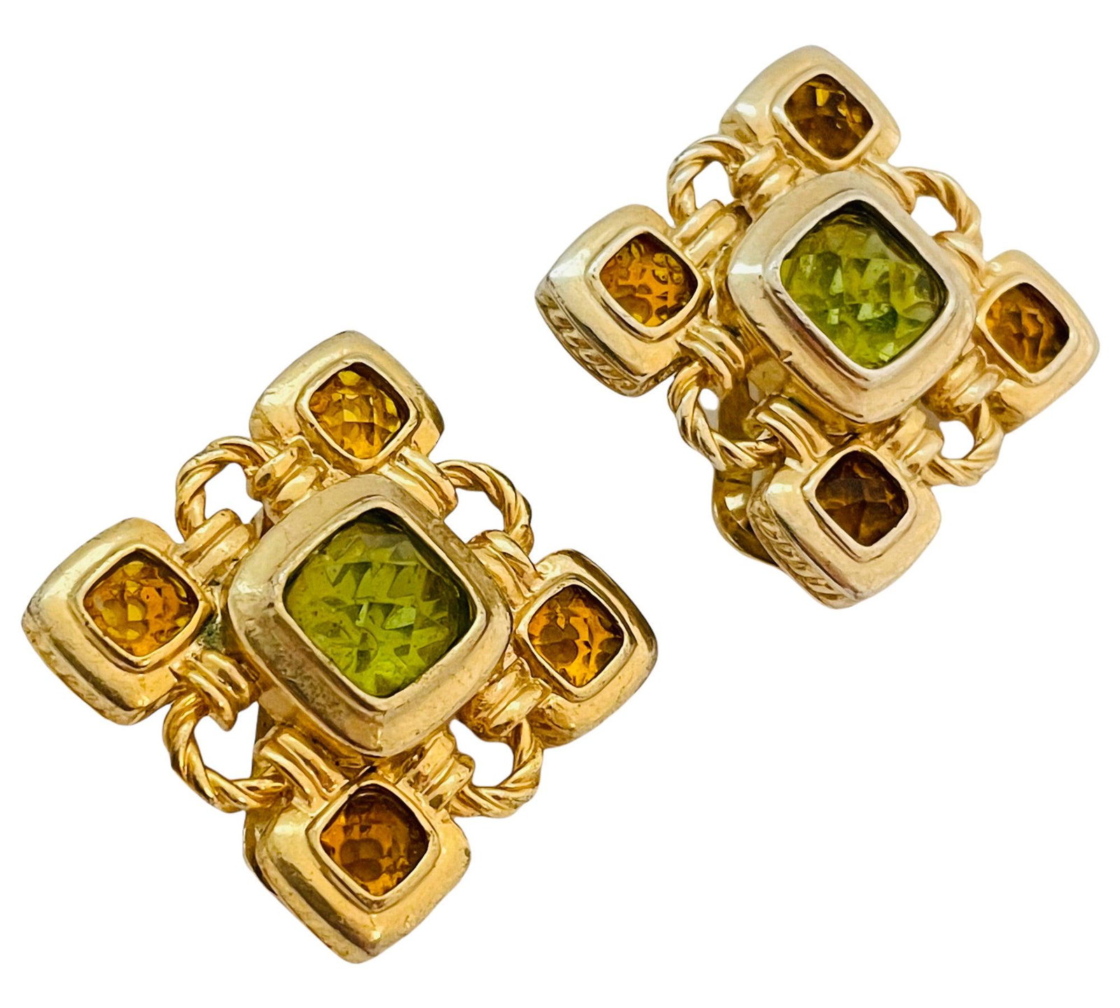Vintage gold glass citrine and topaz Maltese cross: DETAILS • unsigned • gold tone with faceted glass stones • vintage designer runway clip on earrings MEASUREMENTS • 1 1/16" by 1 1/16" CONDITION • excellent vintage condit
