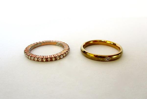 Two Vintage Brass & Rhinestone Stackable Rings: Title: Two Vintage Brass & Rhinestone Stackable Rings Additional Information: Two Vintage Rings Circa. 1980 American Two delicate brass stacking rings New-old stock - made in the 1980's but never worn
