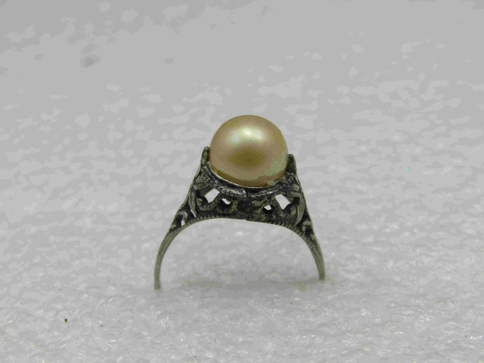 Edwardian Sterling Silver Filigree Pearl Ring, Sz. 5, (1 of 3)