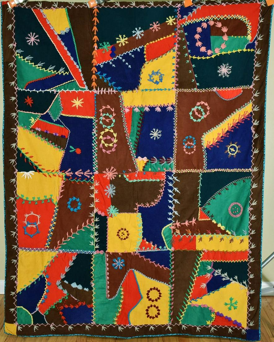 Colorful, Folky Mid Century Crazy Quilt (1 of 9)