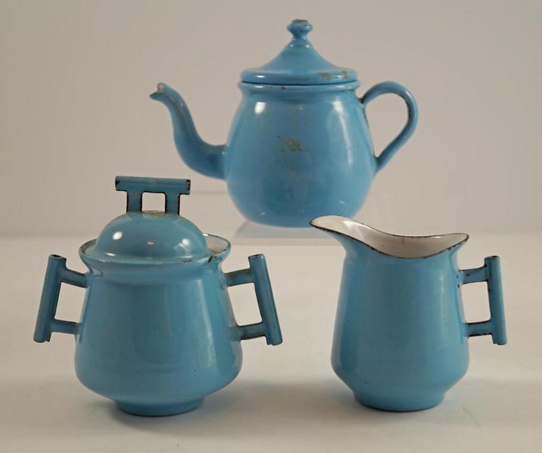 Antique Children's Blue Tea Set Enamelware Toy (1 of 4)