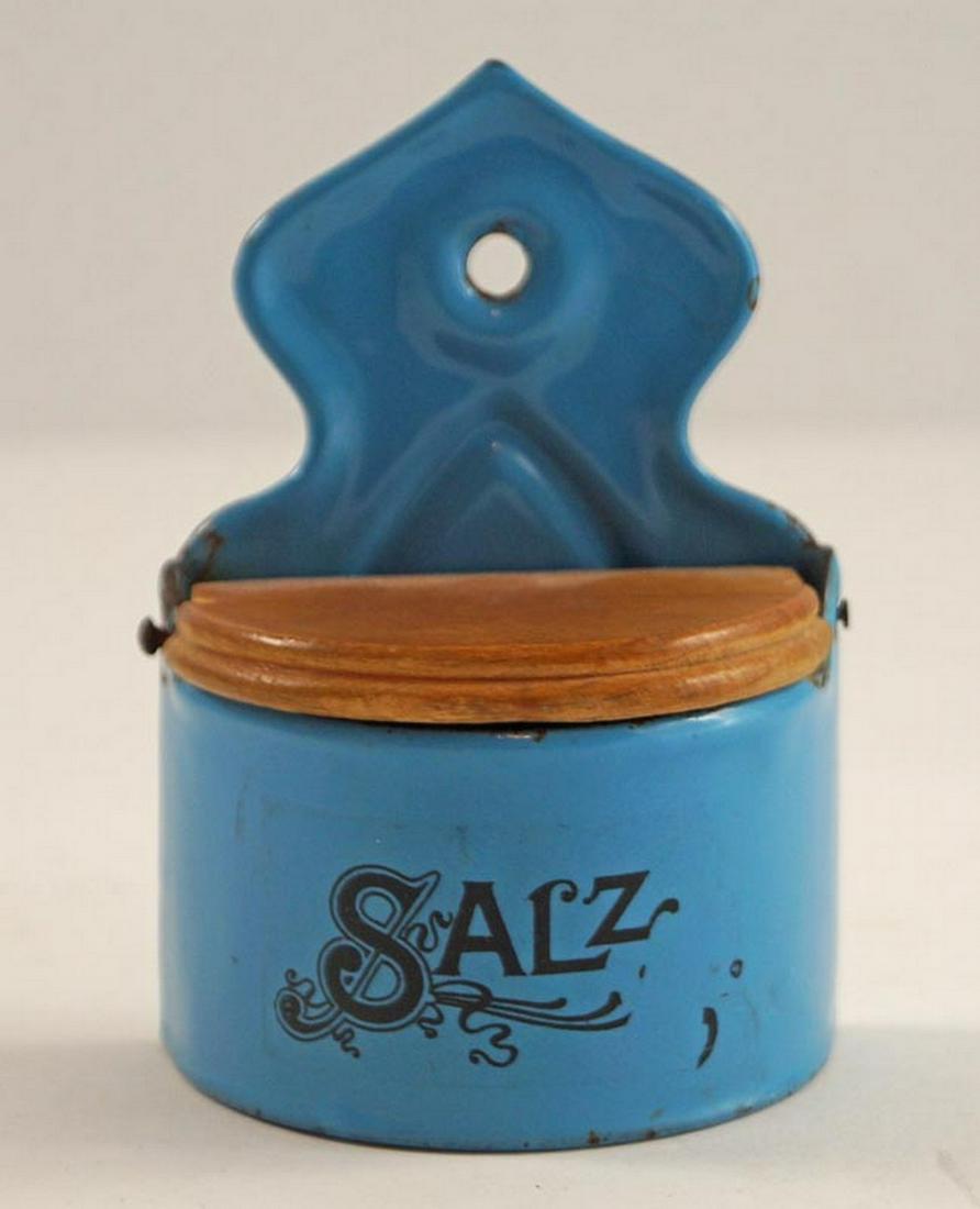 Children's Blue Salt Container Enamelware Toy: Title: Children's Blue Salt Container Enamelware Toy Additional Information: Eye-appealing blue Children's Salt Container with wooden lid Enamelware, Graniteware Antique Toy. Marked on front "Salz". D