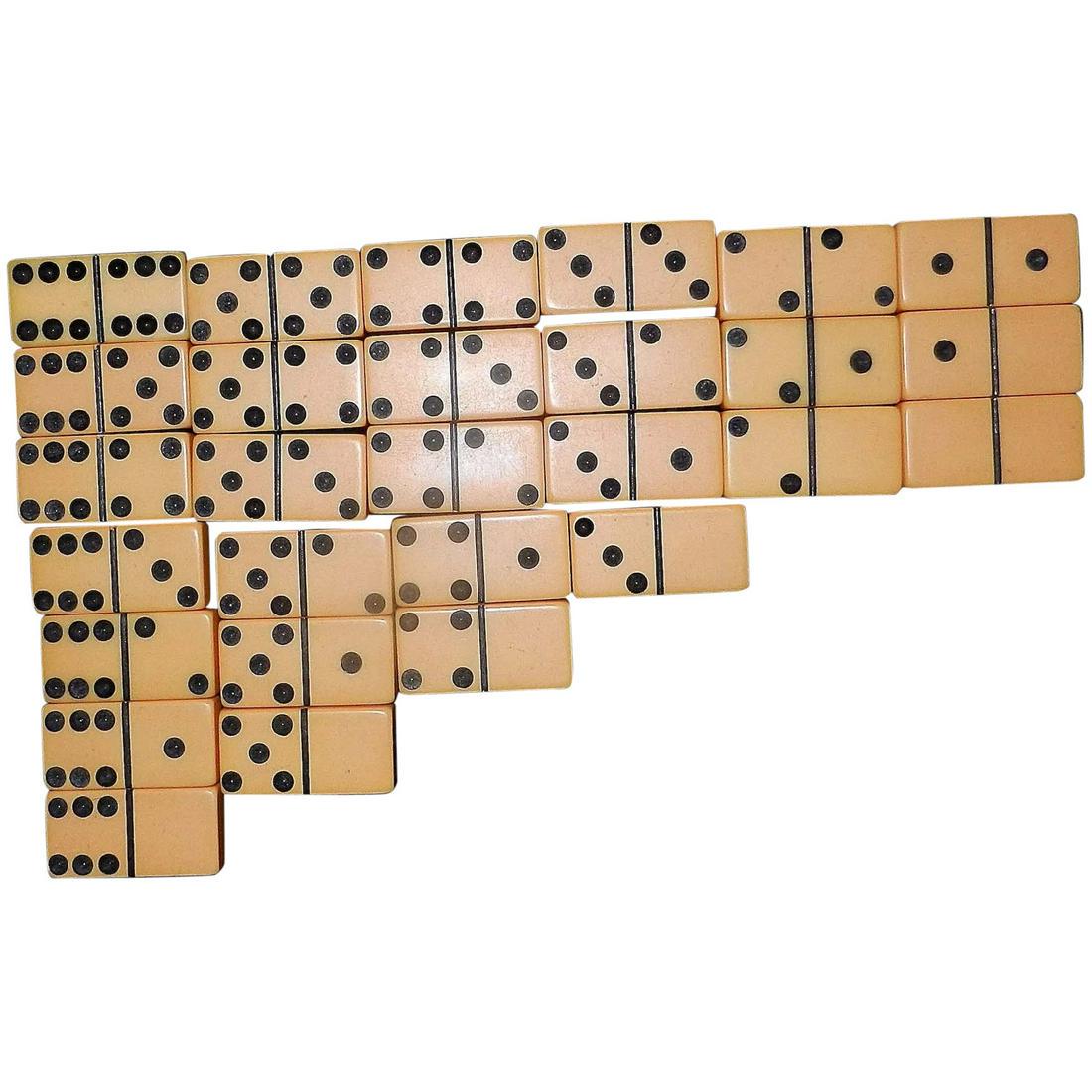 Vintage Standard Bakelite Butterscotch Ultra Thick: This set of Vintage Standard Bakelite Butterscotch Ultra Thick Dominoes has been well used but are all in very good condition. Measure 2" x 1" x 3/8" thick. These ultra-thick dominoes do not turn over