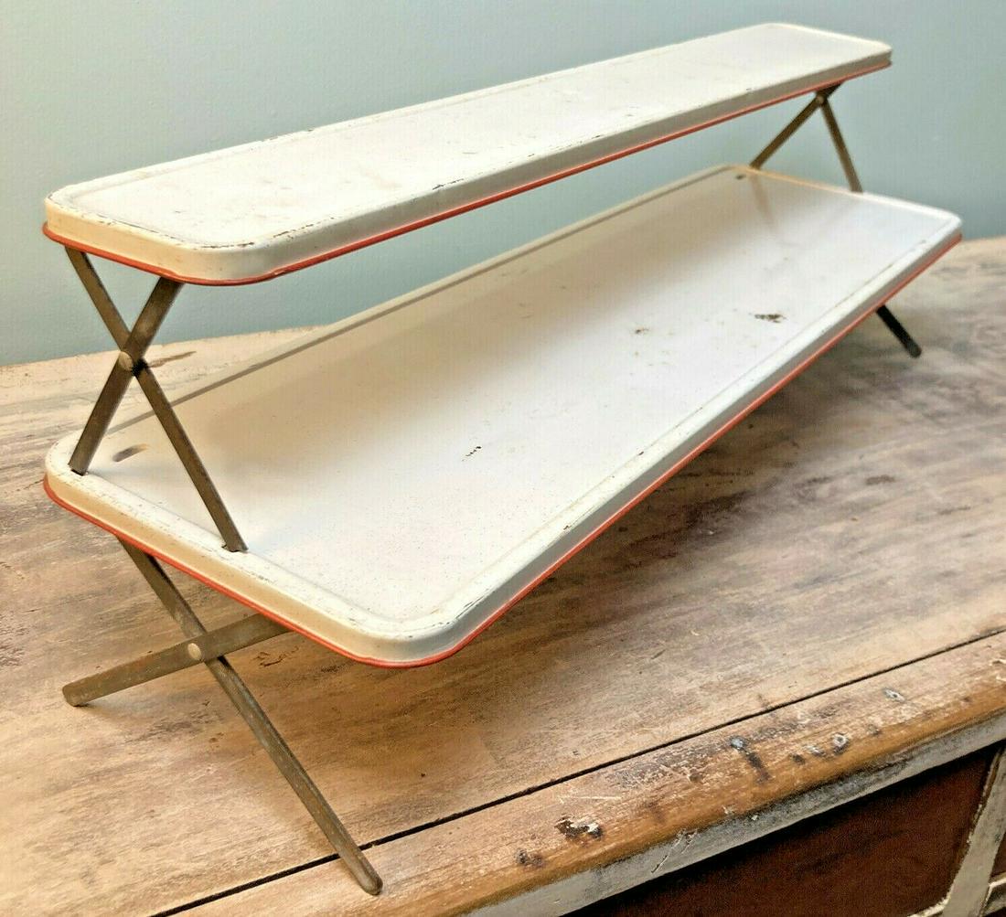 1950'S 2-TIER ENAMEL WHITE & RED STACKING KITCHEN SHELF (1 of 6)