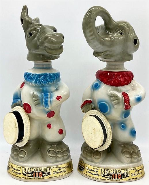 1968 POLITICAL JIM BEAM DECANTERS: Title: 1968 POLITICAL JIM BEAM DECANTERS Date/Period: 1968 Dimension: tallest approx 12.5" Materials: CERAMIC Additional Information: 2 JIM BEAM DECANTERS 1968 ELECTION ELEPHANT REPUBLICAN & DONKEY DE