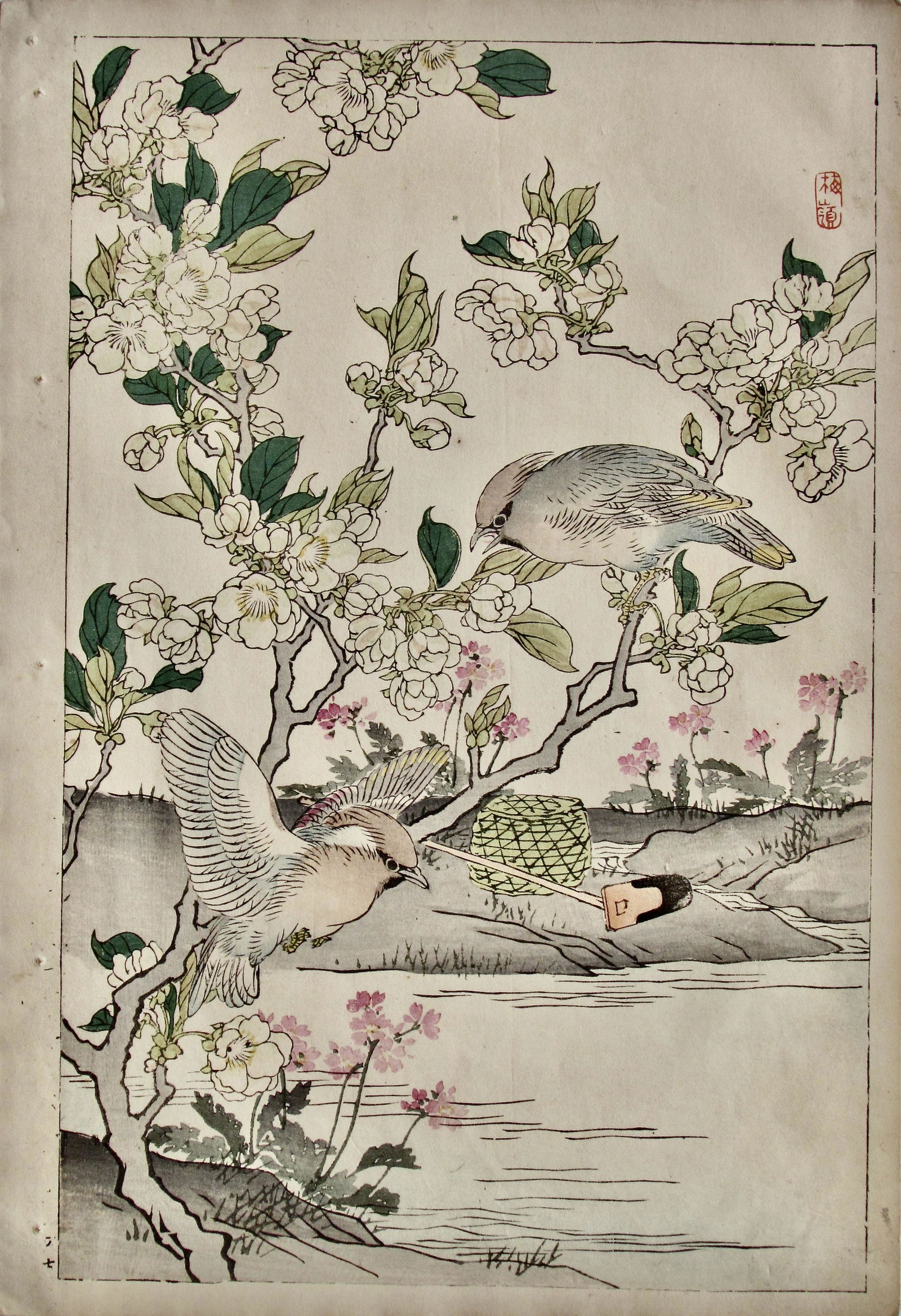 Bairei: Pear Flowers and Japanese Waxwing (1 of 2)