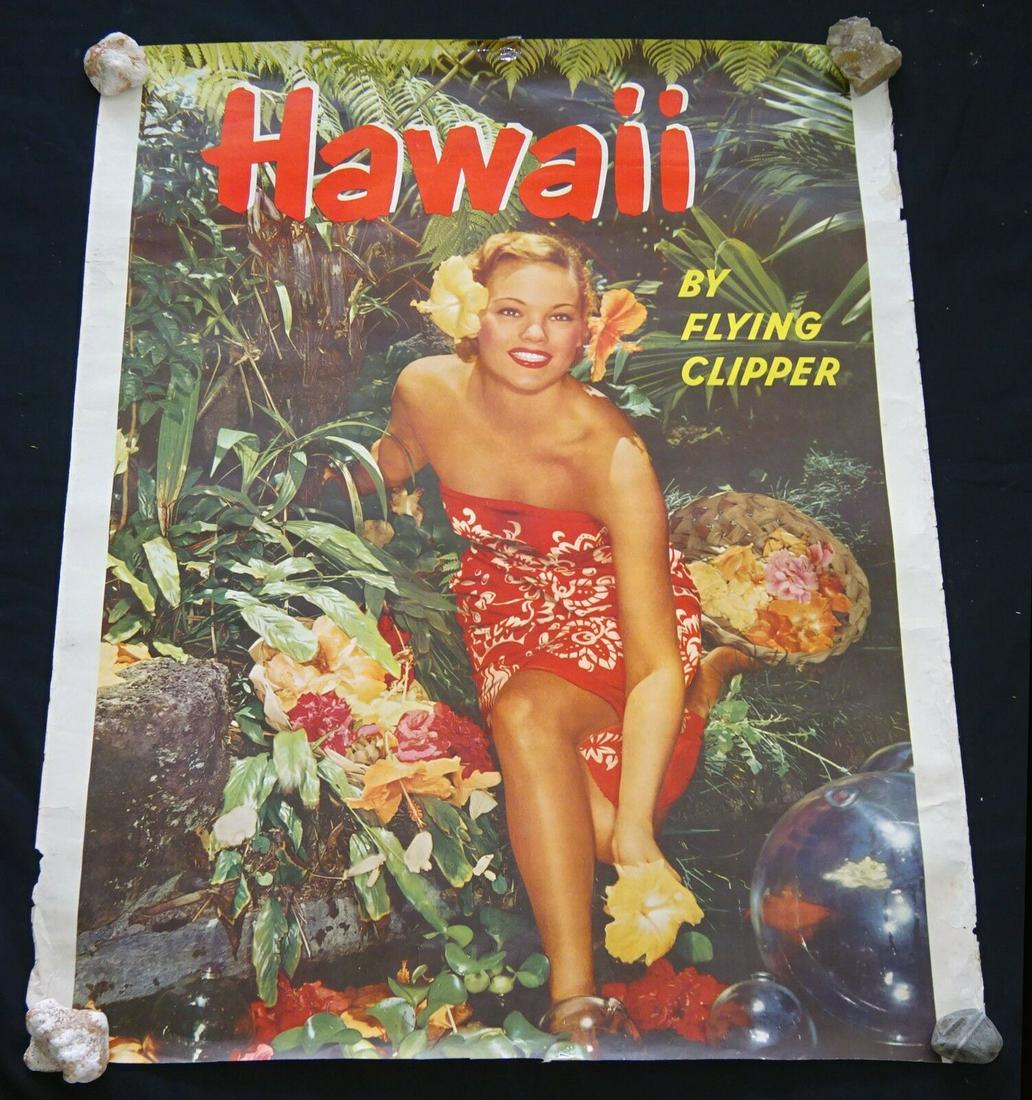 60s Poster Hawaii Flying Clipper Hula Girl Photo: Item: Up for sale from a well known estate in Honolulu this original 1960s Hawaii by Flying Clipper Hula girl photo poster. This is only one of almost 100 Hawaii Travel posters please check the other 