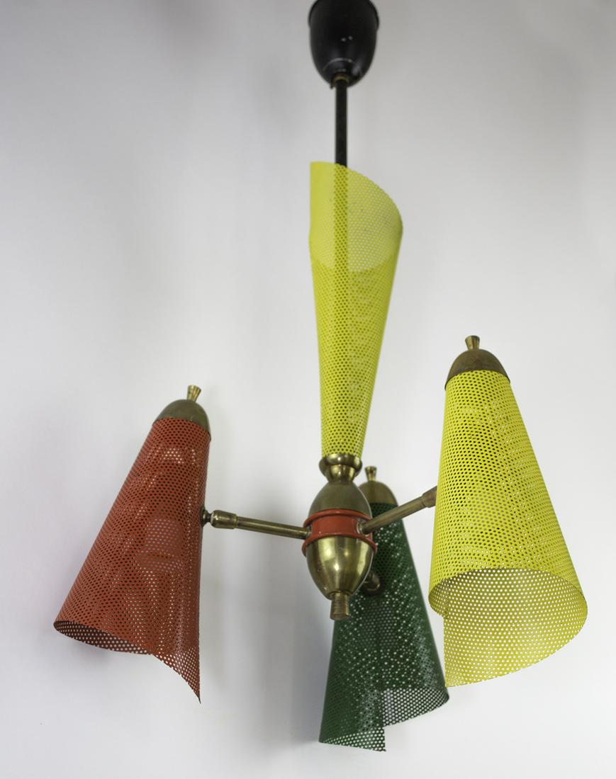 FRENCH modernist colorful CHANDELIER Mathieu Mategot: Made in France in the late 1950's early 1960's this Chandelier is most likely a design from Mategot ( the punch hole metal being his trademark) ,company used to order part and design to reassembled th