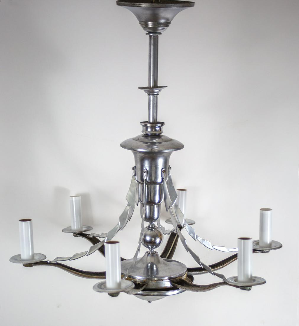 FRENCH ART DECO modernist CUBIST CHANDELIER ADNET: Made in France in the 1930's possibly early 1940's this Chandelier is most likely a design from Adnet ,simple metal shape with cubist inspiration . Regional company used to order part and design to re