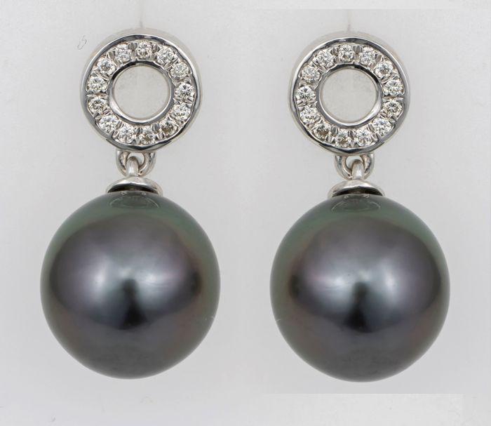 10x11mm Peacock Tahitian Pearl Drops - 14 kt. White: Title: 10x11mm Peacock Tahitian Pearl Drops - 14 kt. White gold - Earrings - 0.15 ct Description: United Pearl - 10x11mm Peacock Tahitian Pearl Drops - 14 kt. White gold - Earrings - 0.15 ct Size: 2cm
