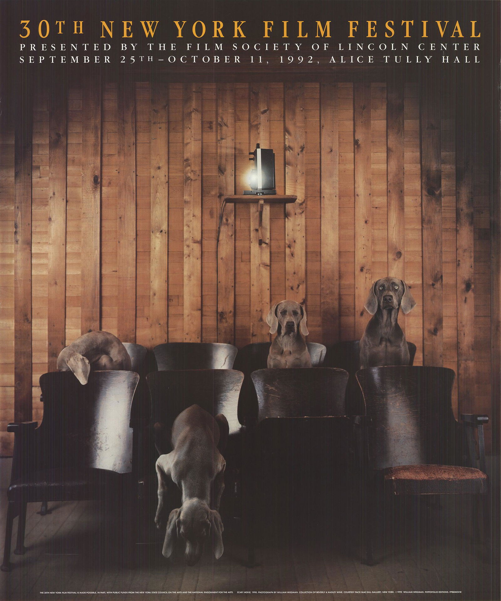 William Wegman - 30th New York Film Festival - 1992: Artist: William Wegman Title: 30th New York Film Festival Description: "30th New York Film Festival" by William Wegman, 1992 Unsigned Offset Lithograph. Paper size is 30 x 25 inches, with an image siz