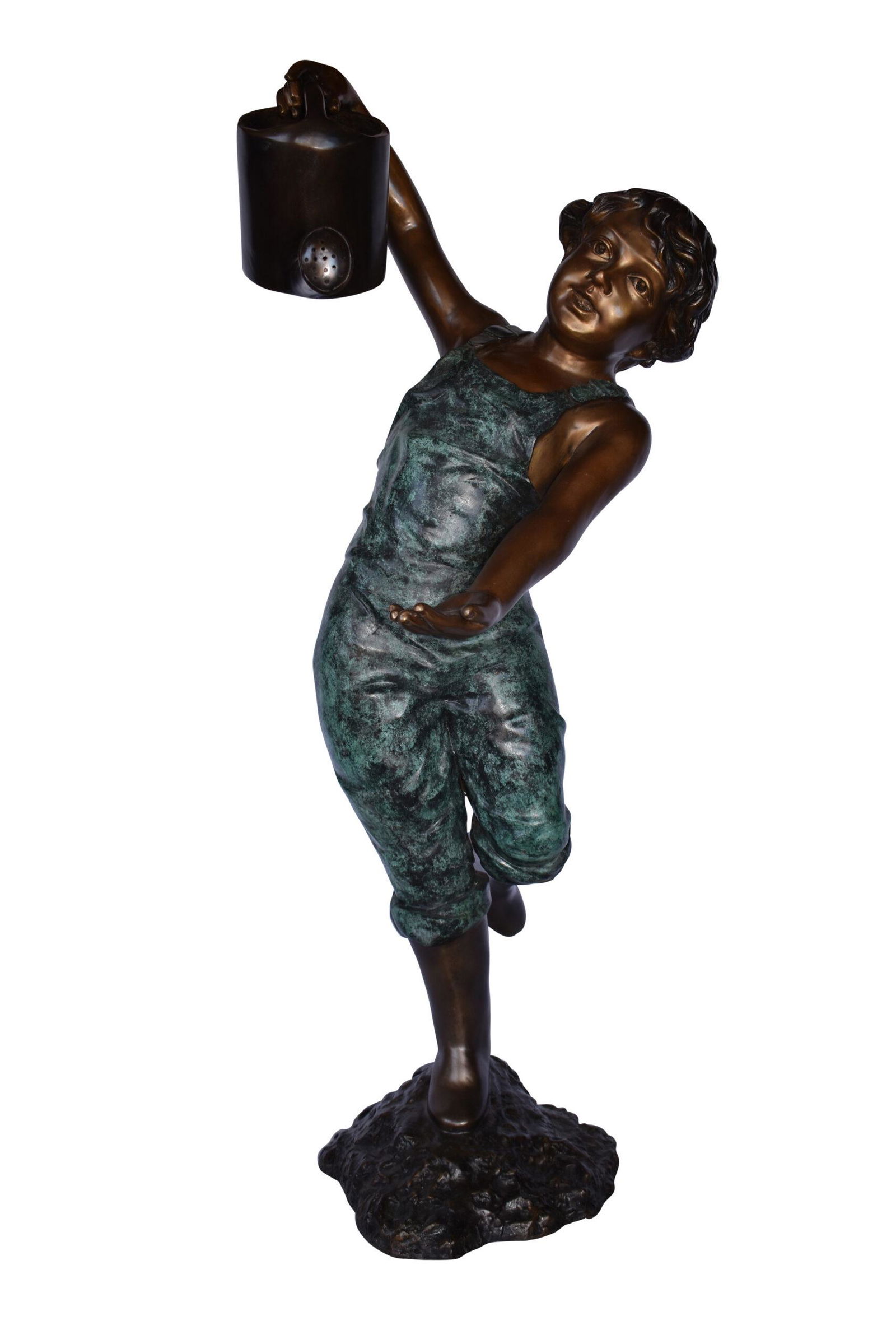 Standing Boy with Watering Can Bronze Statue - Size:: Title: Standing Boy with Watering Can Bronze Statue - Size: 15"L x 15"W x 39"H. Date Period: 2021 Dimension: 15"L x 15"W x 39"H. Materials: Bronze Additional Information: Magnificent young boy bronze