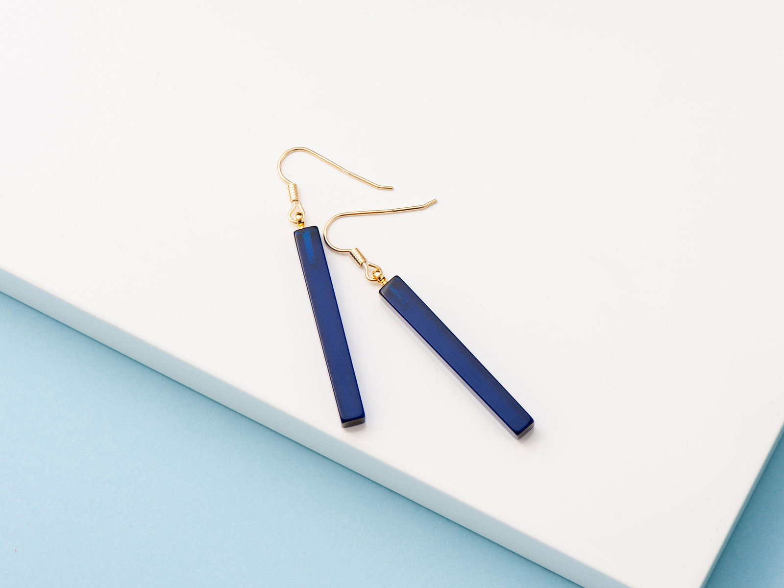 Blue Amber Earrings, ear-wire closure, Rectangular bar (1 of 4)