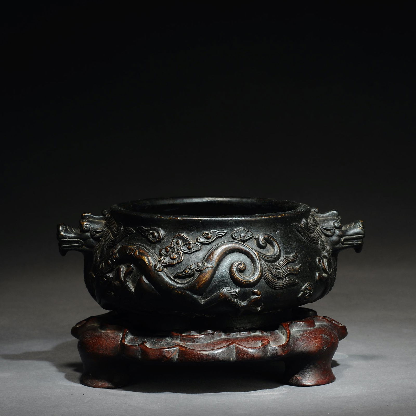 Qing Dynasty bronze double-eared lion and dragon incense burner sculpture (1 of 8)