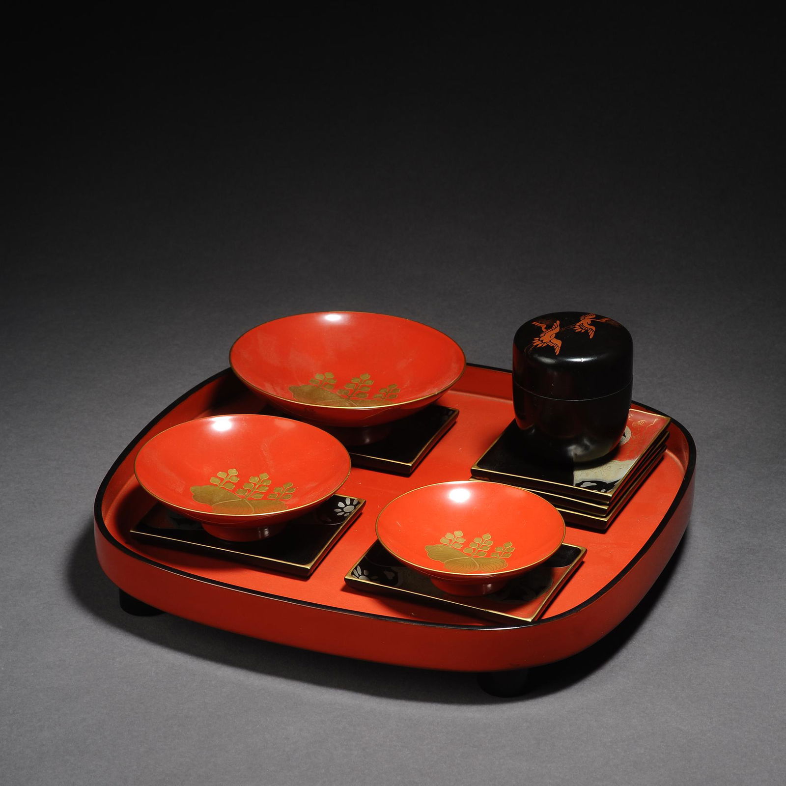 Japanese Meiji Tea Set - Japanese red lacquered square plate with 6 small tea plates, three bowls (1 of 9)