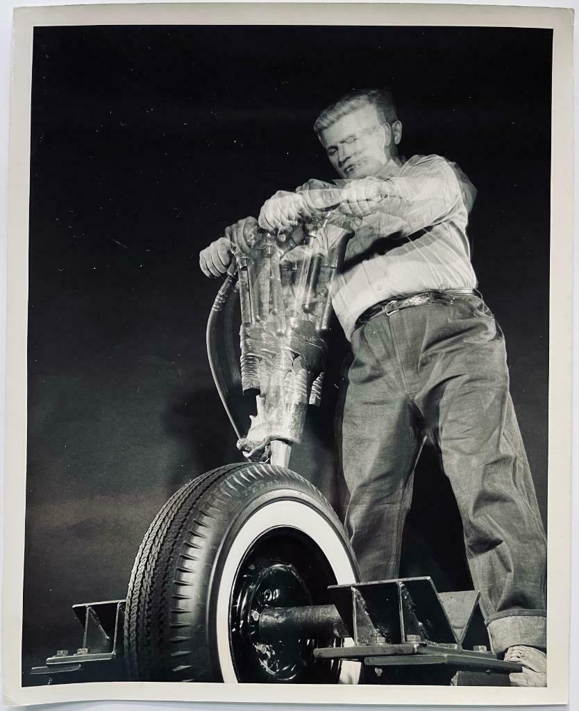 OLD VINTAGE INDUSTRIAL ART PHOTOGRAPH, MAN WORKING JACK HAMMER w WHEEL/TIRE BASE (1 of 2)