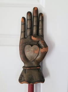 WOOD CARVED LODGE HEART IN HAND STAFF: Title: WOOD CARVED LODGE HEART IN HAND STAFFAdditional Information: WOOD CARVED HEART IN HAND ODDFELLOWS STAFF. A WOOD CARVED HEART IN HAND LODGE STAFF, DATES TO EARLY 20 TH. CENTURY. IN ORIGINAL