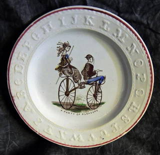 A Party of Pleasure Bicycle Child's Plate c1870: Title: A Party of Pleasure Bicycle Child's Plate c1870 Origin: English Dimension: 7 1/2" D Additional Information: A Party of Pleasure a rare ABC plate with bicycle built for two and embossed ABC