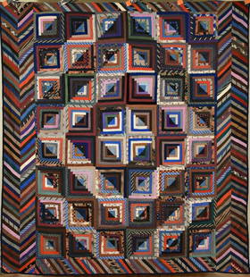 Wool 1870's Barn Raising Log Cabin Quilt: Wool 1870's barn raising log cabin quilt, all hand pieced and hand quilted, with a piano key border on two sides and unusual chevron border on two sides. The log blocks have unusual black and blue