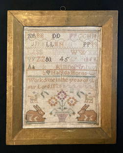 1820 silk on linen sampler with unusual rabbits motif.: Title: 1820 silk on linen sampler with unusual rabbits motif.Provenance/Additional Information: Also heart, birds, pot of flowers, lions. MATILDA HORNS WORK DONE IN THE YEAR OF OUR LORD 1820. There