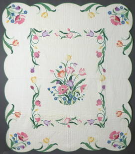 Antique Pastel Floral Appliqued Quilt, c.1930: Title: Antique Pastel Floral Appliqued Quilt, c.1930Provenance/Additional Info: Antique Pastel Floral Appliqued Quilt, c.1930 This is a beautiful Antique Floral Applique Quilt. It is made of cotton