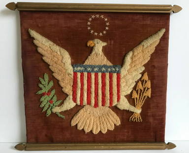 19th Century Stump Work with Eagle and Shield: Fresh from a local collector, we believe this work representing the Great Seal of the United States was done with the American Centennial in mind, circa 1870 - 1880. It is in overall good condition