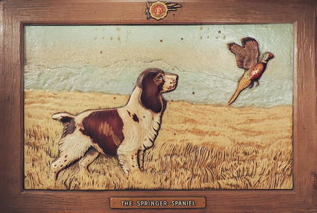 The Springer Spaniel: Title: The Springer Spaniel Origin: American Dimension: 13 1/2" H x 20" L Provenance: Colorful pressed board with raised decorations advertising for the Froedtert Malt Company - Milwaukee, Wisconsin