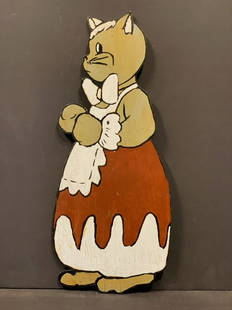 Cat in a Dress with a Cap & Apron Garden Ornament, mid 20th c: Title: Cat in a Dress with a Cap & Apron Garden Ornament, mid 20th cDate/Period: Mid 20th cDimension: 18 in. x 8 in.Additional Information: Graphic nursery rhyme-like/children’s storybook