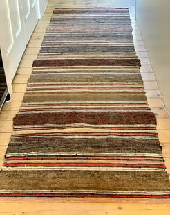 Early 20th c Rag Carpet: Title: Early 20th c Rag CarpetDate/Period: Early 20th cDimension: 10 ft. x 37 in.Additional Information: Black, brown crimson & tan. Shipping:Domestic: Flat-rate of $35.00 to anywhere within the