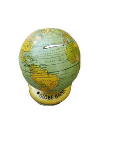 Antique world globe bank. Chein tin litho still bank Persia: Great looking piece in very good condition. From the 1950's. Measures approximately 5" tall. Shipping includes insurance. Shipping:Domestic: Flat-rate of $12.00 to anywhere within the contiguous