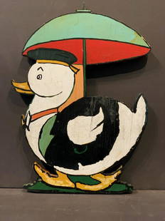 Duck carrying Umbrella Garden Ornament, mid-20th c: Title: Duck carrying Umbrella Garden Ornament, mid-20th cDate/Period: Mid 20th cDimension: 15 1/2 in. x 11 in.Additional Information: Graphic nursery rhyme-like/children’s storybook figure.